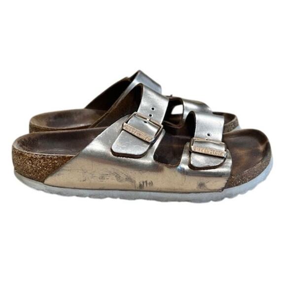 Birkenstock Arizona Sandals Metallic Silver 36 EU / 5-5.5 US  Soft Footbed, Worn - Picture 3 of 11